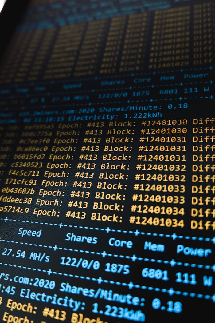 gallery-3 Detailed view of a cryptocurrency mining software interface displaying real-time data on a computer monitor.